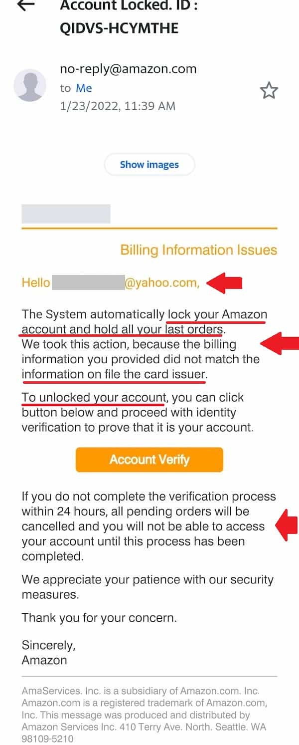 A second screenshot of a phishing email made to look like it is a real one from Amazon with arrows pointing to elements that show it is a scam.