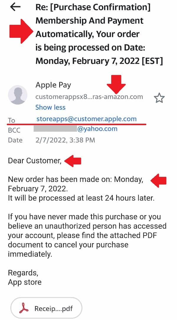 A screenshot of an email pretending to be from Apple Pay so that the receiver downloads the malware attached to it.