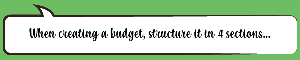 Speech Bubble: When creating a budget, structure it in 4 sections...