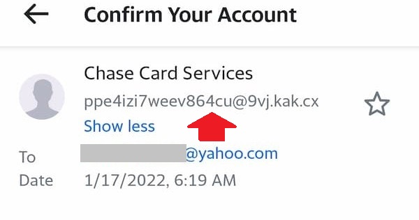 The expanded address field of a fake email from Chase Bank that shows the address is fake.