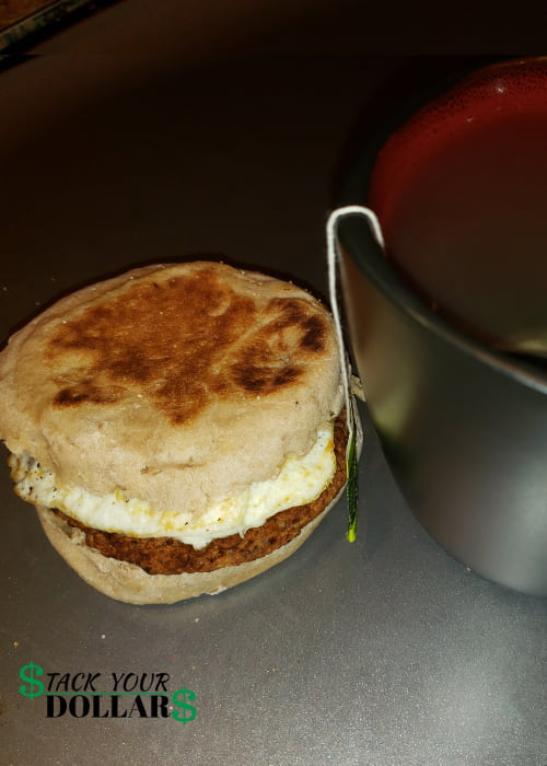 English muffin egg sandwich and tea