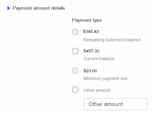 Screenshot of payment amount details with the options to pay the statement balance, current balance, minimum payment due, or other amount
