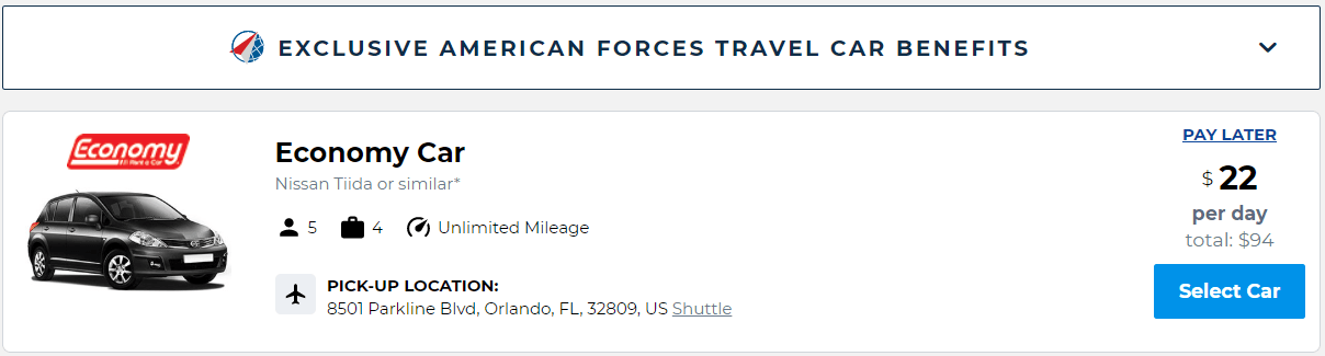 Economy showing the best car rental prices using American Forces Travel